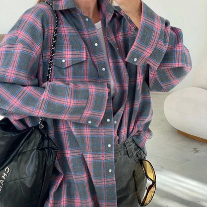 Oversized Plaid Shirt For Women Long Sleeve Button-Down Korean Style