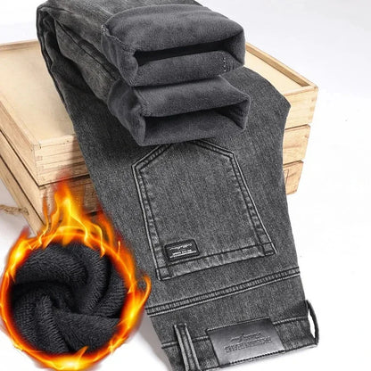 Men's Black Denim Jeans with Velvet Fleece-Lined Plus Size