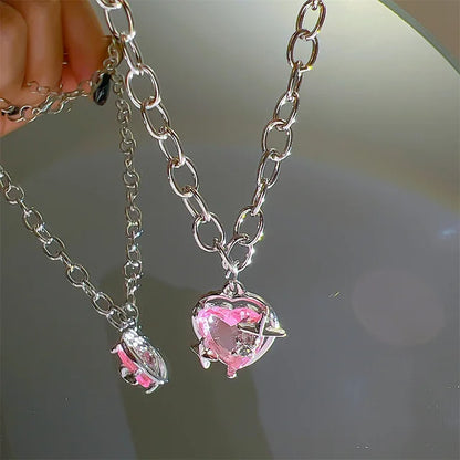 Pink Planet Heart Zircon Pendant Necklace Zinc Alloy For Women