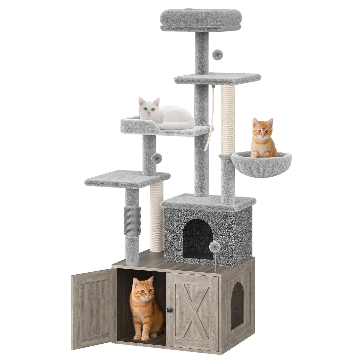55" 2-in-1 Cat Tree With Litter Box Enclosure Multilevel Cat Play House Large Condo Hammock Scratching Post Odor Control Indoor