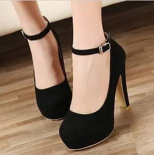 Platform Pumps Size 42 Black PU Ankle Buckle Shoes