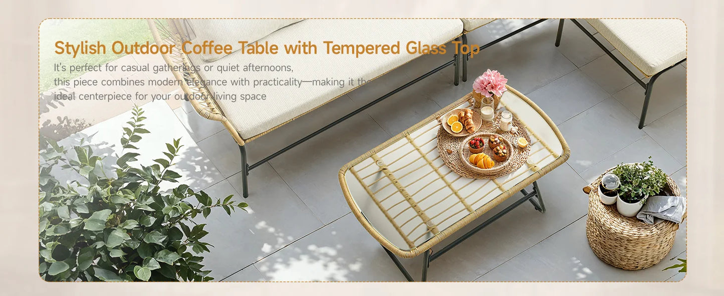 4-Piece Outdoor Sectional Set, Wicker Patio Couch Sets and Glass Coffee Table, L-Shaped Waterproof Olefin Fabric Outdoor Sofa