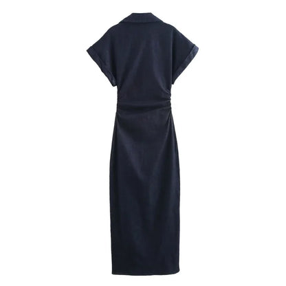 Denim Midi Dress For Women With Lapel And Side Zipper