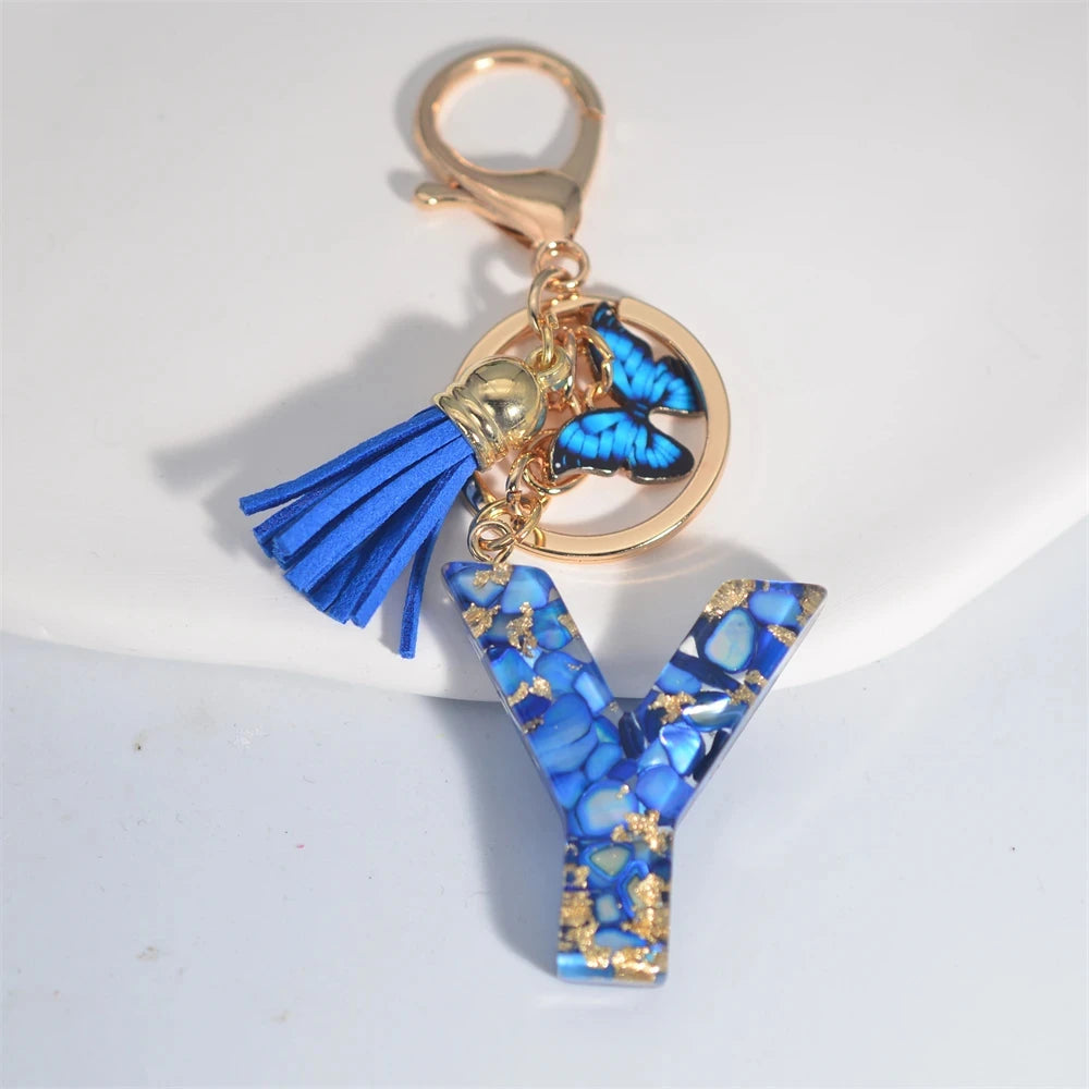 4. Fashion A–Z Letter Keychain with Blue Stone and Butterfly Tassel Pendant