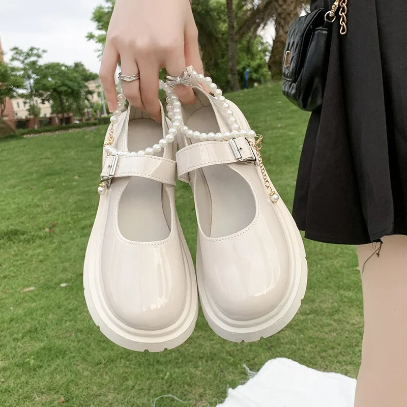 Women's Luxury Beaded Mary Jane Leather Shoes Spring/Autumn Fashion Comfortable Elegant Flat Black Walking Shoes Zapatos Mujer