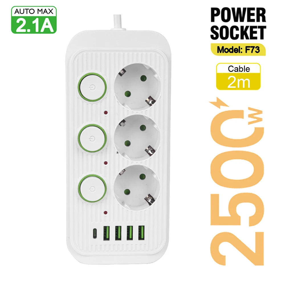 EU Plug Power Strip With USB Ports 2m Extension Cable Surge Protector