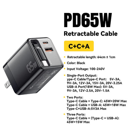 65W GaN USB C Charger With Retractable Cable PD Fast Charging