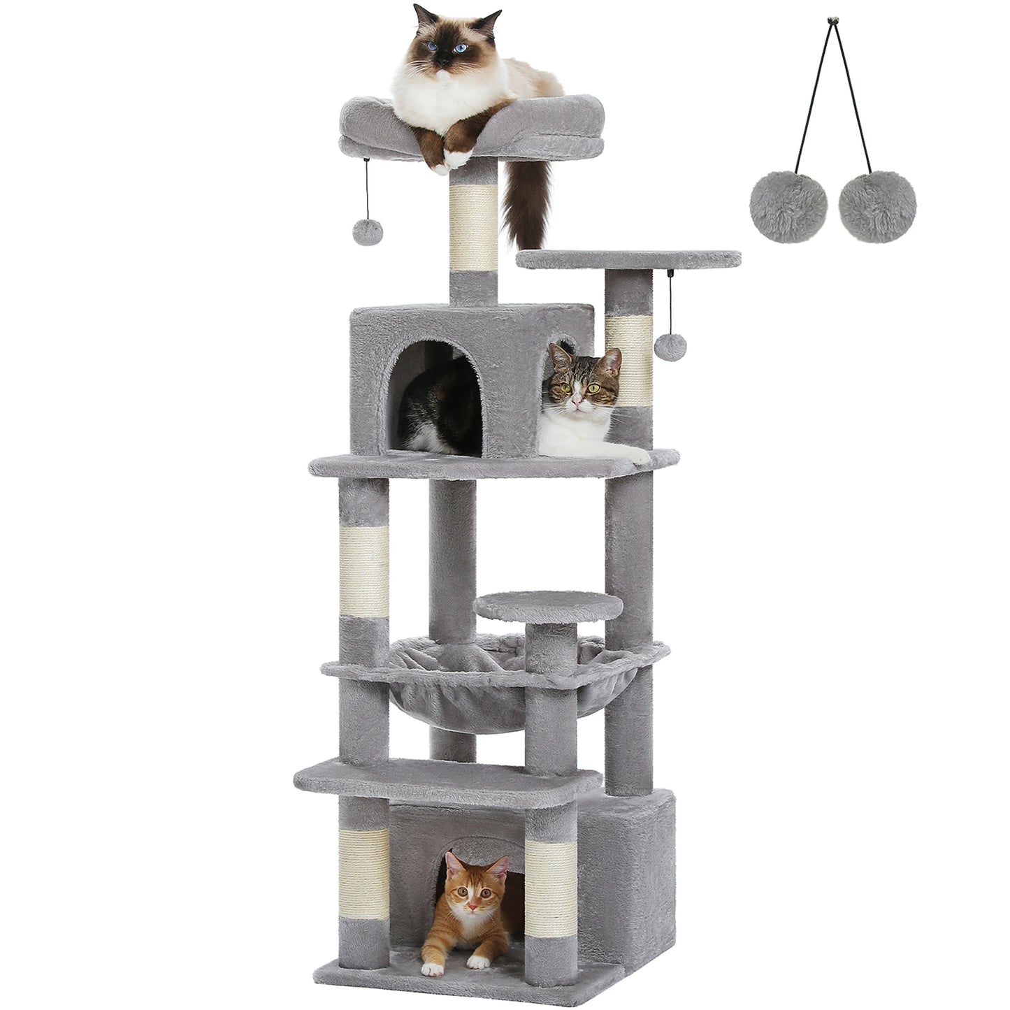6-levels Cat Tree Tower with Joyful Pompom,Cozy Hammock,Double Condos,2 Top Perches,5 Scratching Posts Perfect for Indoor Cats