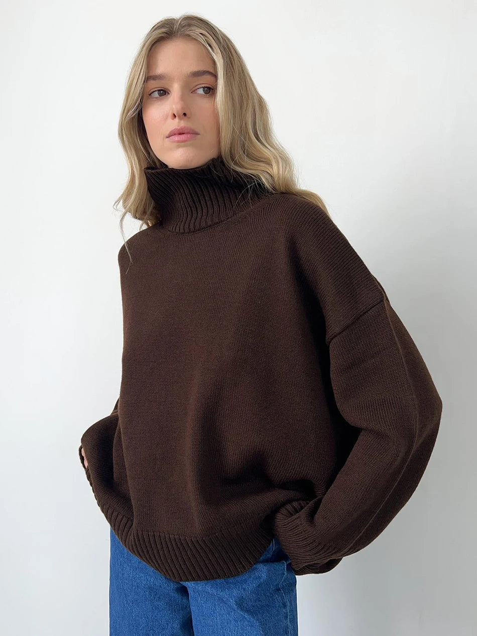 Women's Oversized Turtleneck Knitted Sweater Regular Length Soft Knit