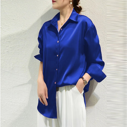 Satin Long Sleeve Blouse For Women Button Front Turn Down Collar Solid