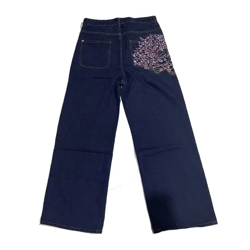 Unisex Denim Jeans With Plum Blossom Embroidery Wide Leg