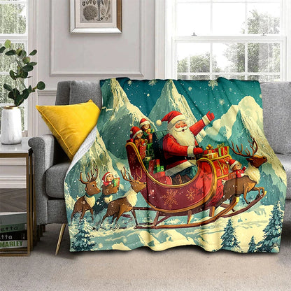 Cartoon Santa Snowman Throw Blanket Flannel Polyester Cotton
