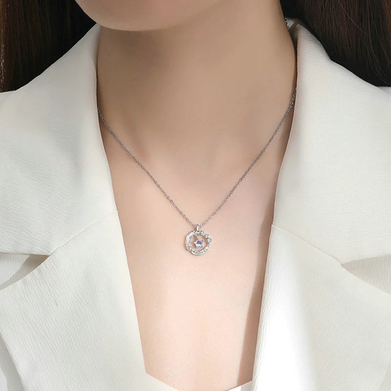 Fashion Pink Planet Heart Zircon Necklace Women Charm Aesthetic Clavicle Chain Necklace Valentines Day Gift Party Jewelry