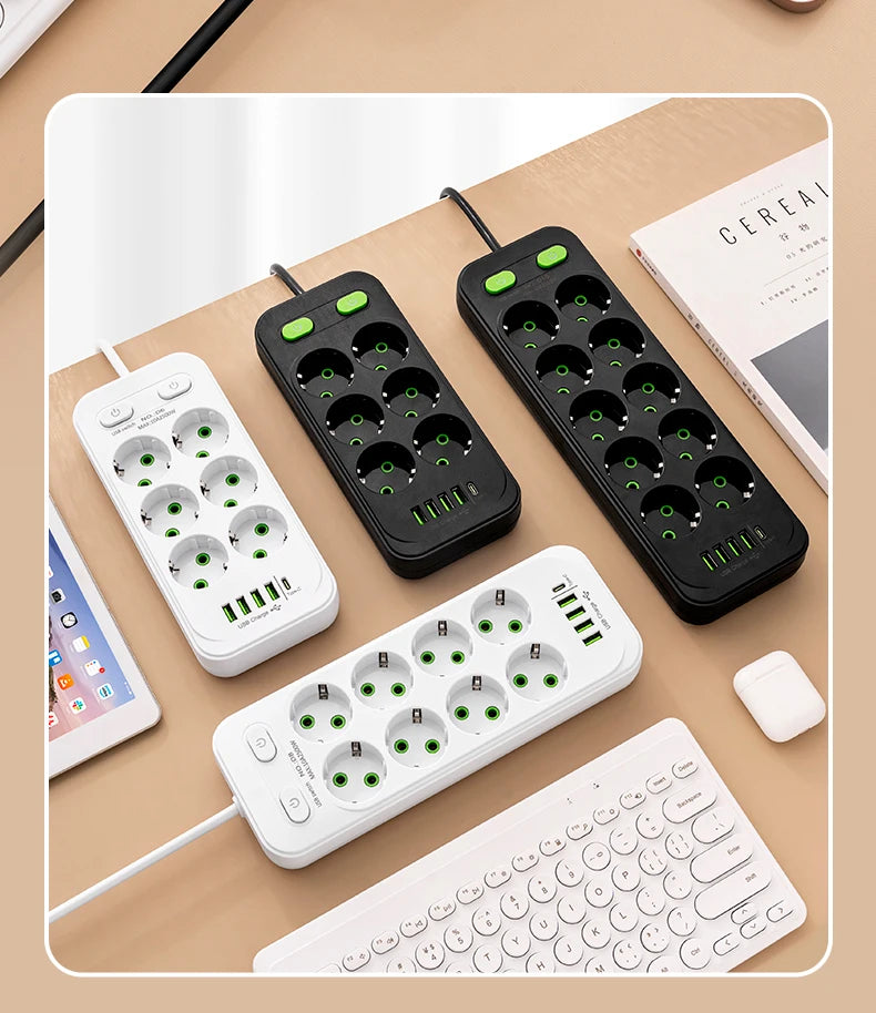 EU Plug Power Strip 6 AC Outlet Multitap Extension With 5 USB Ports 3m Cord Electrical Socket 2500W Fast Charge Surge Protector