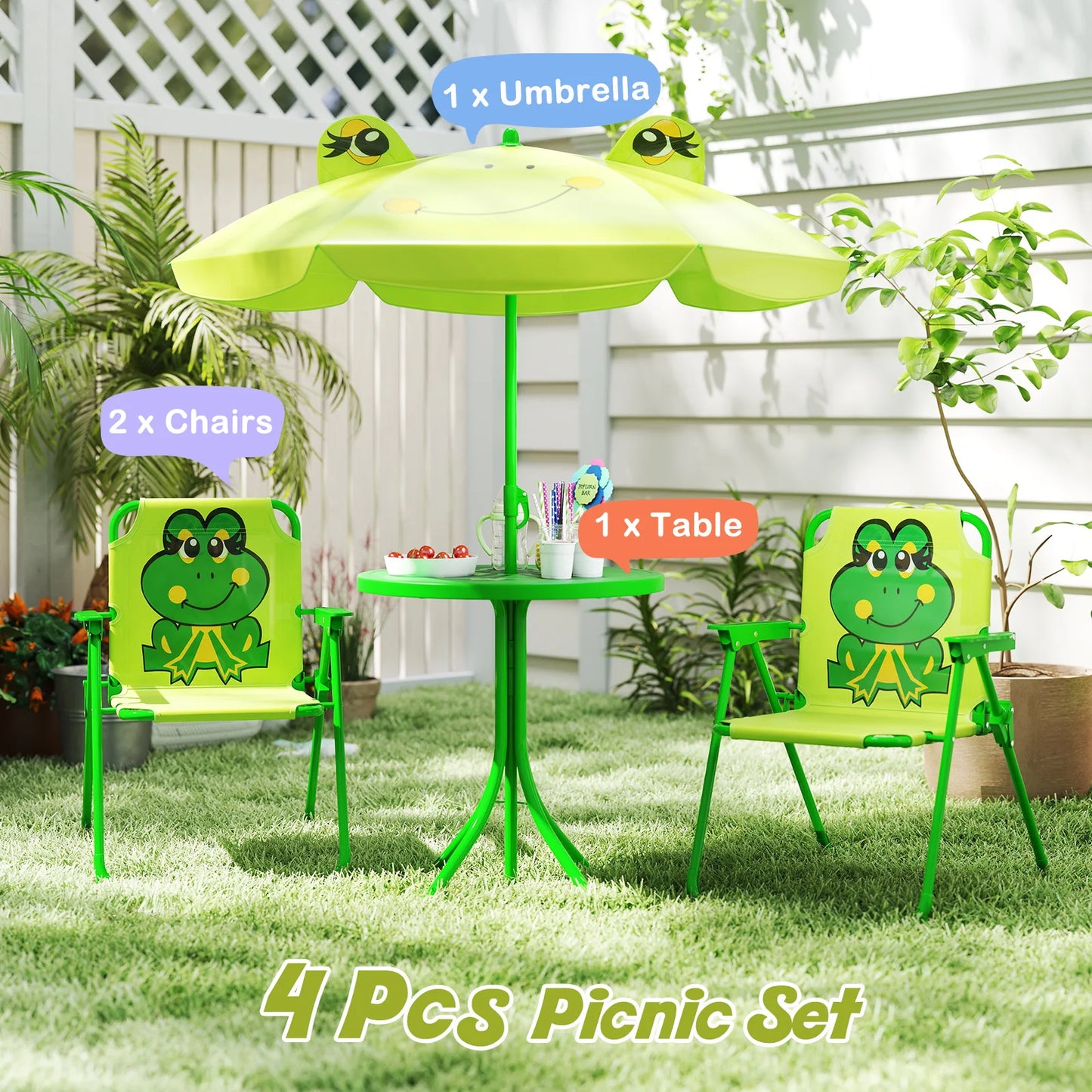 Kids Picnic Table & Chair Set with 2 Folding Chairs & Height Adjustable Umbrella