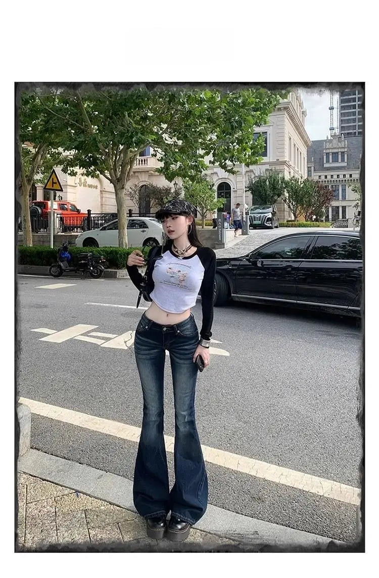 Y2K Slim Fit High Waist Casual Womens Jeans Retro Denim Pants Low Rise Flared Trousers Long Bootcut Drag Autumn for Women