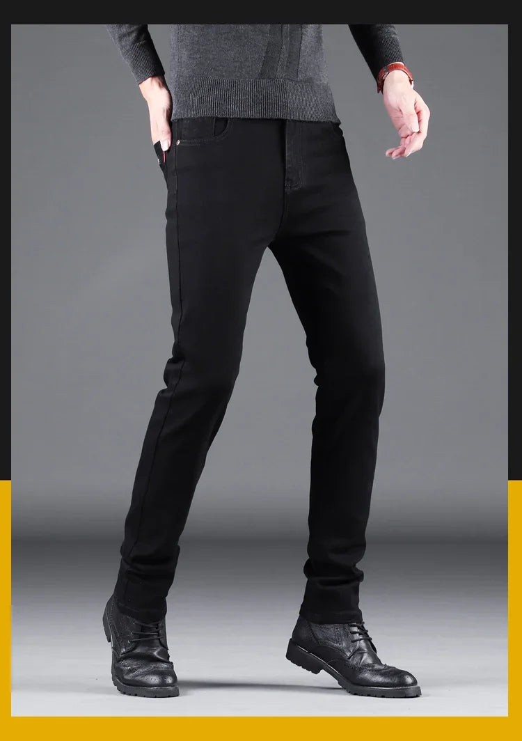 Men's Elastic Slim Black Denim Jeans Straight Leg