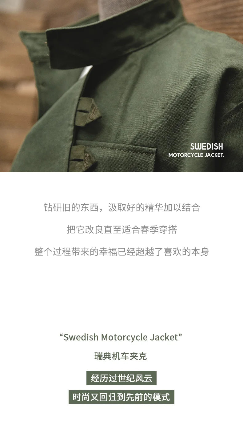 Maden Retro 16oz Canvas Swedish Motorcycle Green Jacket Pocket Bomber Jacket Casual Hunting Work Outwear for Men Spring and Fall