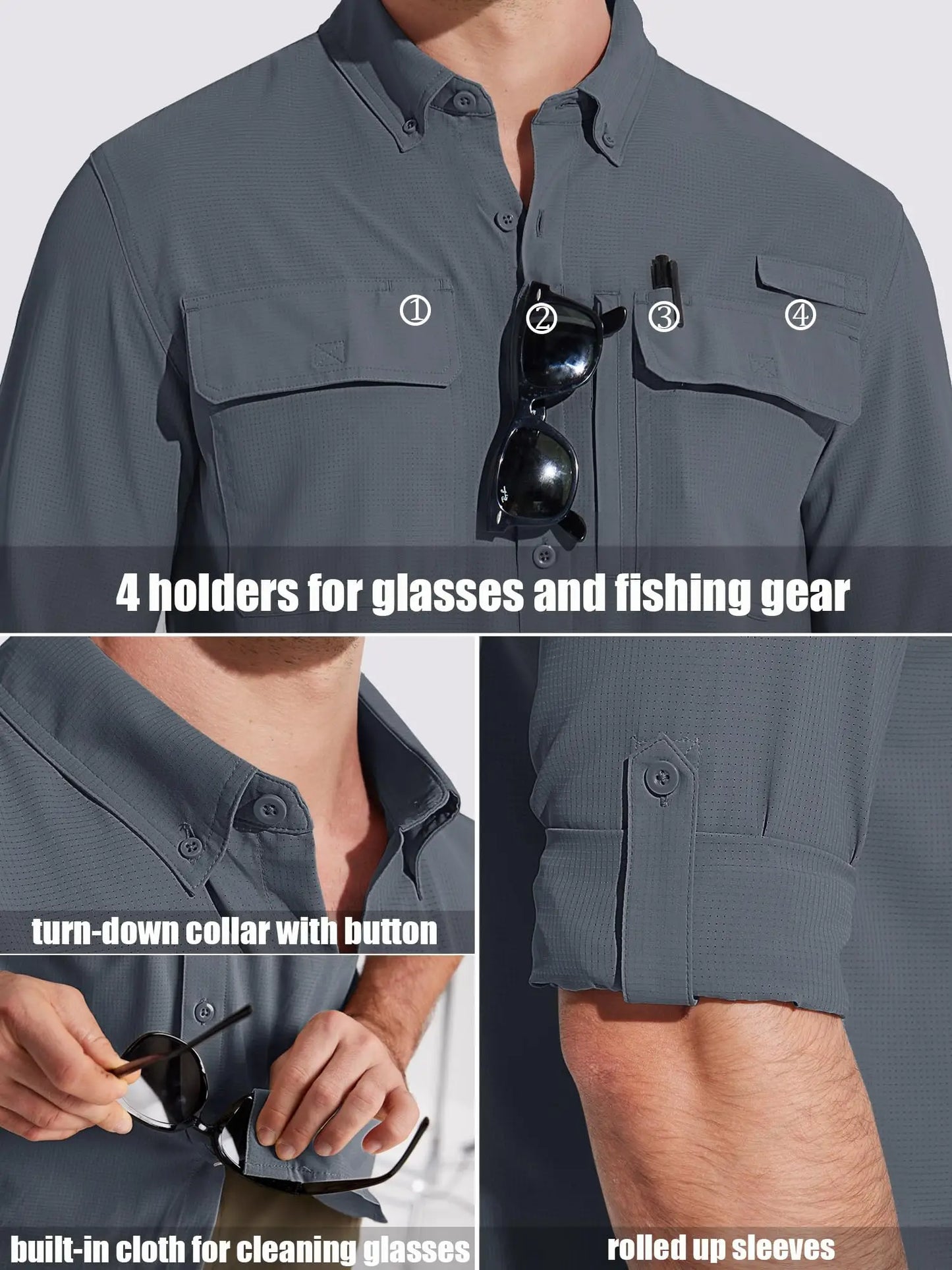 TACVASEN UPF 50+ Sun Protection Fishing Shirts Men's Quick Dry Long Sleeve Shirts Mesh Breathable Hiking Work Cargo Shirts