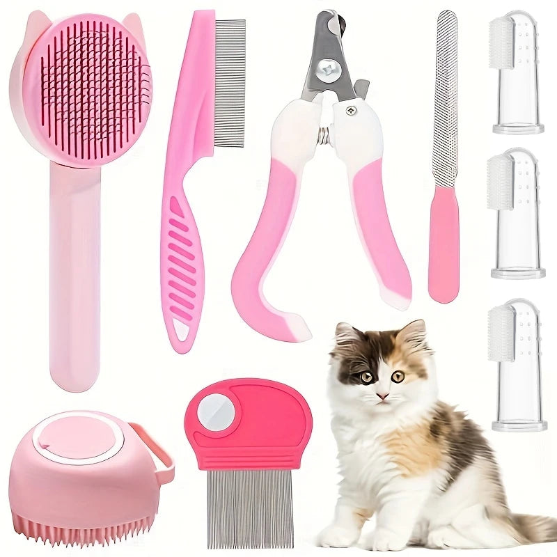 Cat Brush & Pet Grooming Kit for Nail Care, Bathing, and Flea Removal