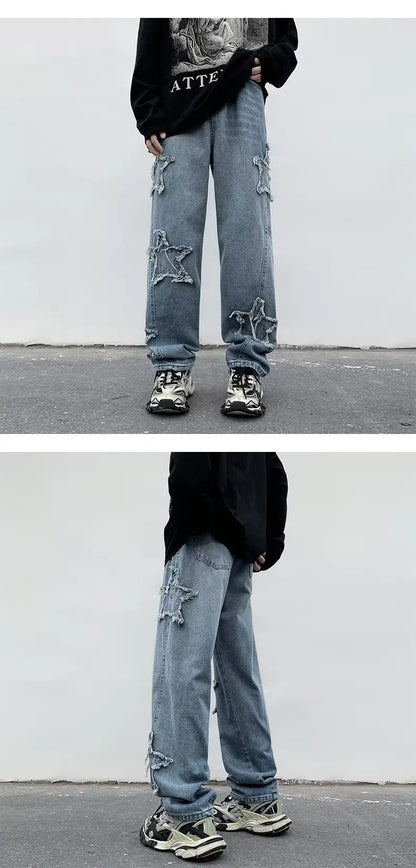 Men's Brown Cotton Jeans With Star Embroidery Straight Fit