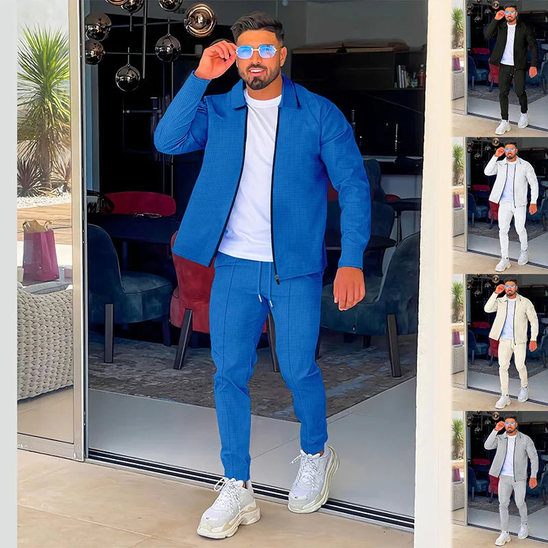 2024 men's new waffle long-sleeved lapel zipper cardigan casual sports suit