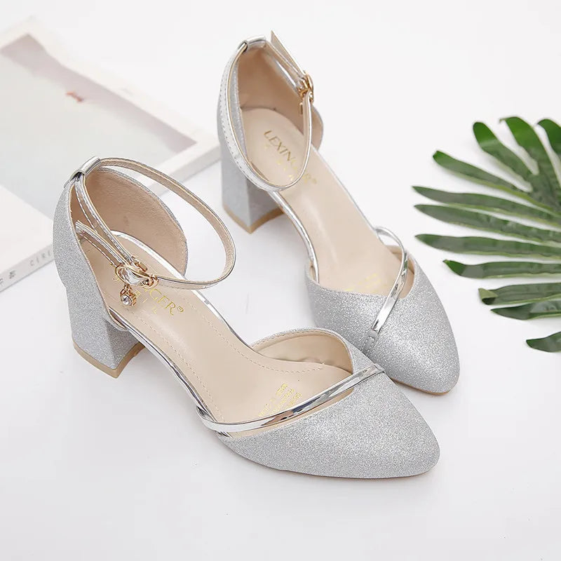 Women's Silver Square Heel Pumps With Buckle Strap, 5-8 cm