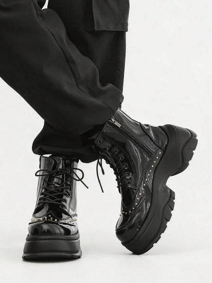 Mid-Calf Leather Motorcycle Boots With Rivet And Lace-Up 4.5 cm Thick Sole