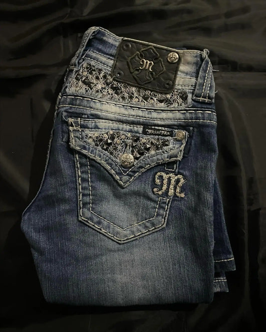 Streetwear Vintage Jeans Y2K Clothes Womens Vintage Pocket Sequin Washed Blue Baggy Jeans Mid Rise Slim Fit Trousers