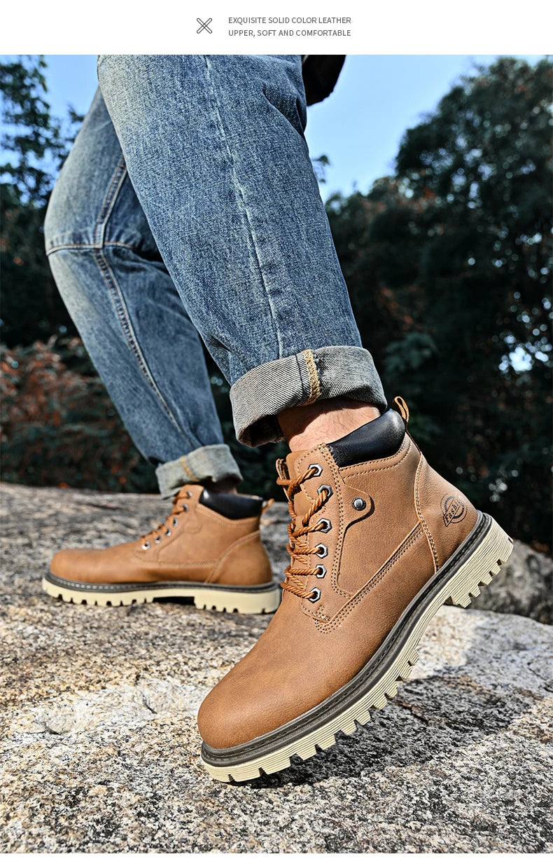 Leather Men Work Boots Mid Calf Ankle High Top Non Slip