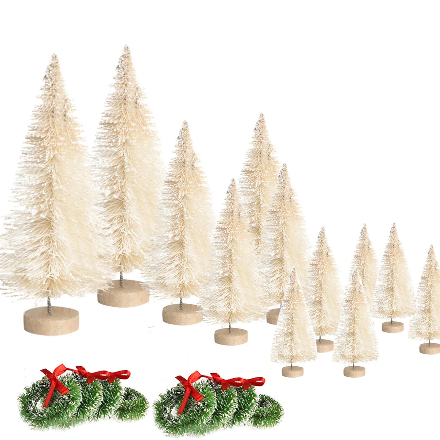 12 Mini Xmas Trees + 8 Small Wreaths – Frosted Bottle Brush Set