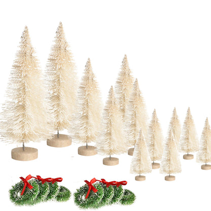 12 Mini Xmas Trees + 8 Small Wreaths – Frosted Bottle Brush Set
