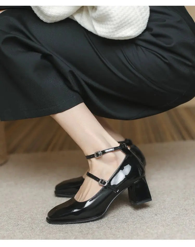 Leather Mary Jane Pumps Buckle Strap Shallow Square Toe High Heel Women