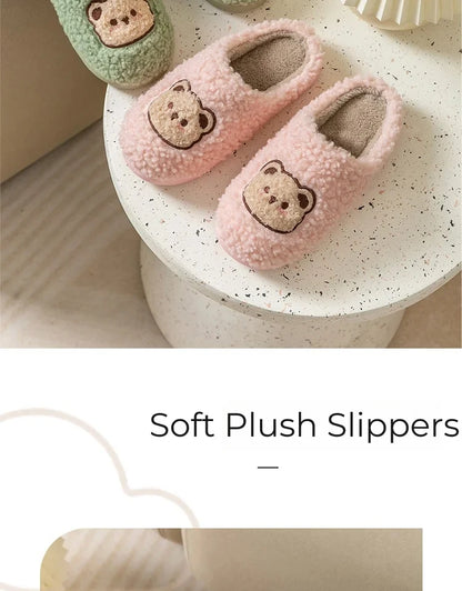 Mens Indoor Slippers Plush Lining Non Slip Sole Warm Winter Bear Design