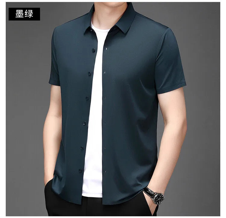 Men's Ultra Stretch Short Sleeve Shirt Business Casual  Breathable Stretchable Abrasion-Resistant Solid Color Short Sleeve Shirt