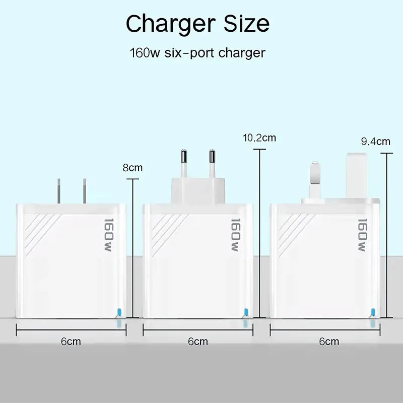 160W 6 Ports Fast Charger USB Type C Quick Mobile Phone Charger EU US UK Plug Charger Adapter For iPhone 16 Pro Samsung Xiaomo