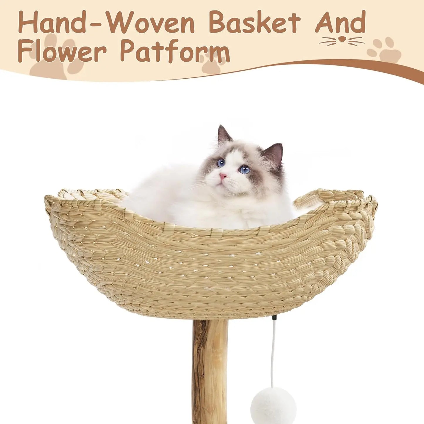 Cat Tree for Large Cats, Wood Cat Tower with Rattan Basket and Platform, Luxury Condo & Perches,Climbing Tree House for Cats