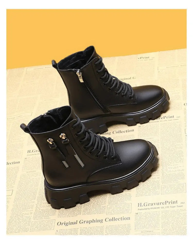 Booties 2025 New Korean Style Fleece-Lined Autumn Winter High-Top Cotton Shoes Women's Boots High Heel Mid-Calf Bootsins