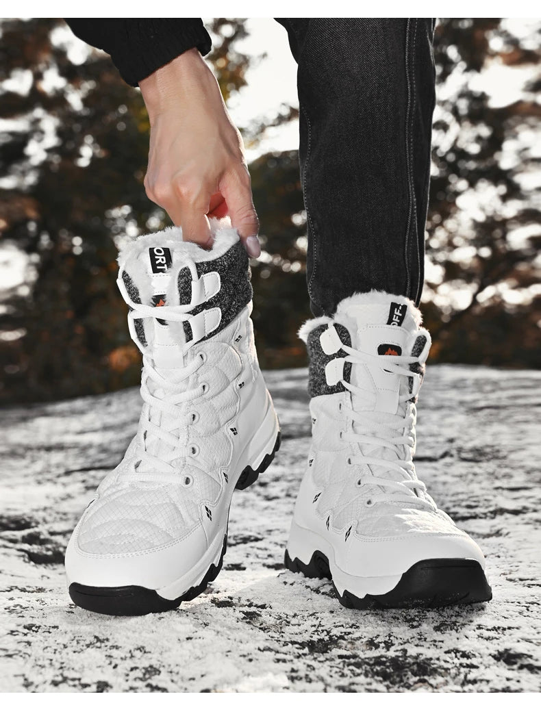 Men's Winter Snow Boots Leather Waterproof Mid-Calf Plush Lining Lace-Up