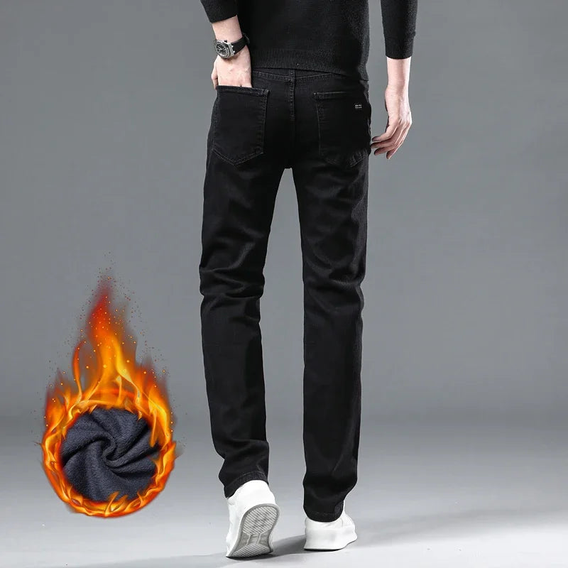 Plus Size Men's Black Straight Stretch Denim Jeans With Fleece Lined Warm Velvet