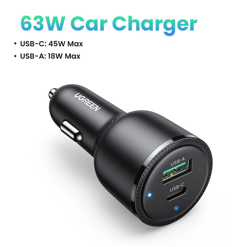 NEW in UGREEN 63W Car Charger PD QC 3.0 PPS 45W USB Type C Fast Charging for iPhone 17 16 Samsung Xiaomi Mobile Phone Charger