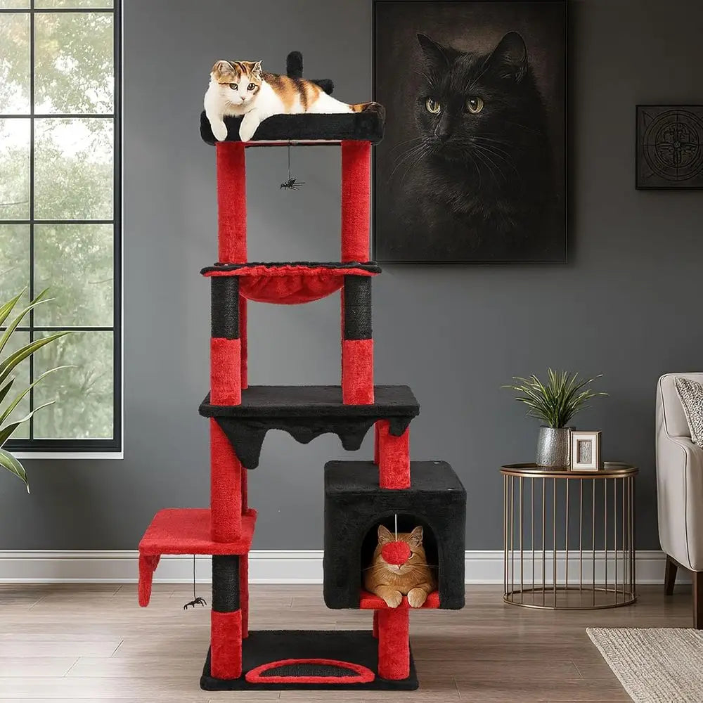 Halloween-Themed 66 Tall Gothic Cat Tree with Bed, Hammock, Toys, and Scratching Posts in Black and Red