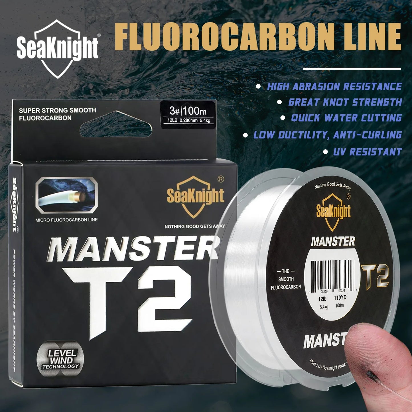 SeaKnight Brand MANSTER T2 Series 100% Fluorocarbon Fishing Line 100M, Carbon Fiber Line 3-35LB Upgrade Sinking Line Sea Fishing