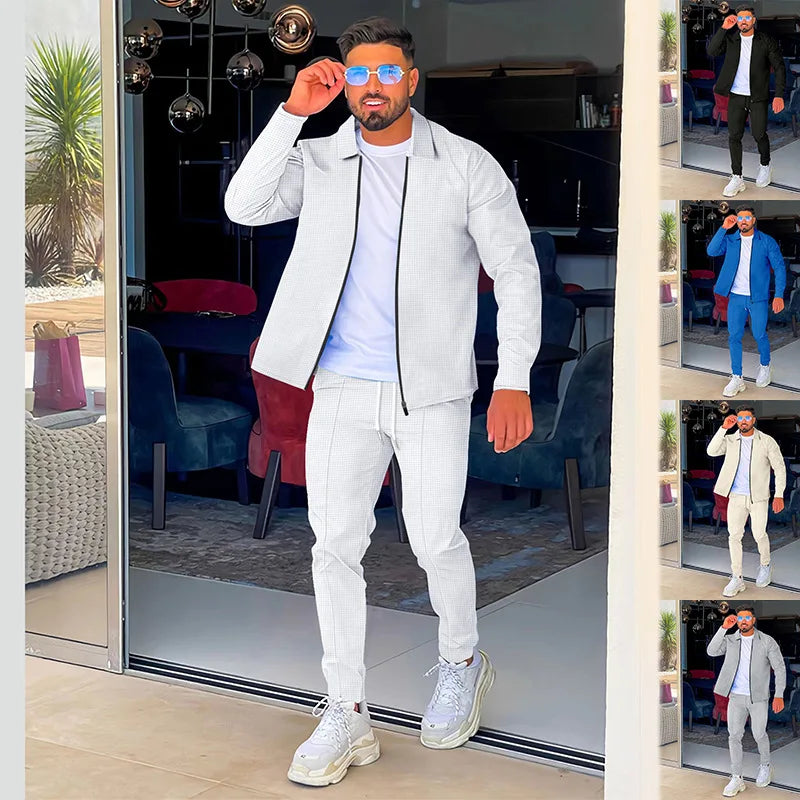 2024 men's new waffle long-sleeved lapel zipper cardigan casual sports suit