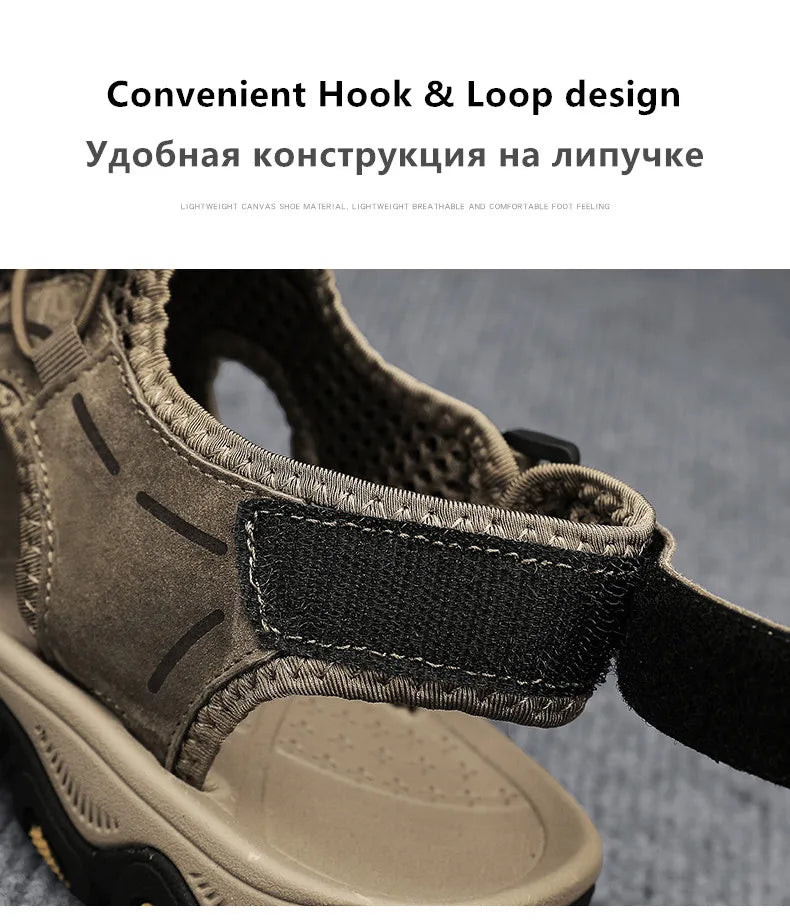 Genuine Leather Men's Sandals With Hook and Loop Closure