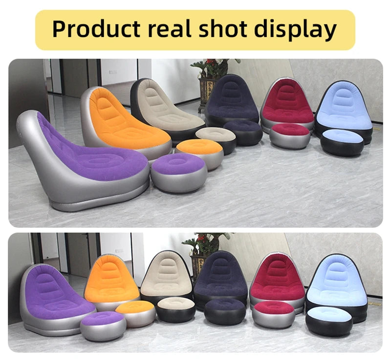 6 Colors Inflatable Lazy Sofa with Footstool Portable Beach Lounge Chair Foldable Air Mattress Outdoor Camping Sleeping Pad