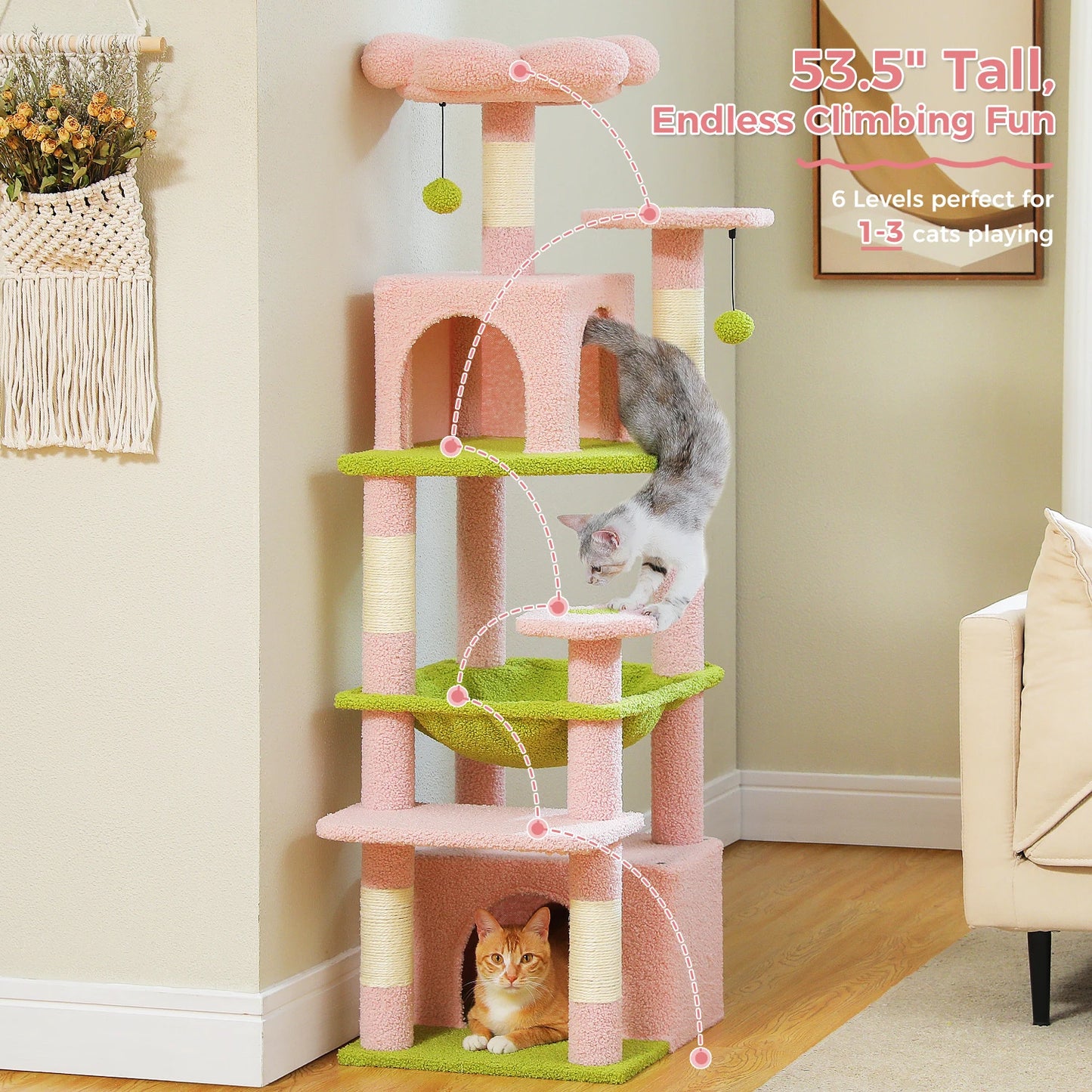 6-levels Cat Tree Tower with Joyful Pompom,Cozy Hammock,Double Condos,2 Top Perches,5 Scratching Posts Perfect for Indoor Cats