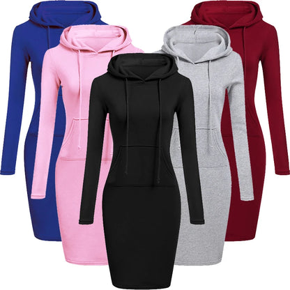 Women Hooded Sweatshirt Dress Knee Length Polyester