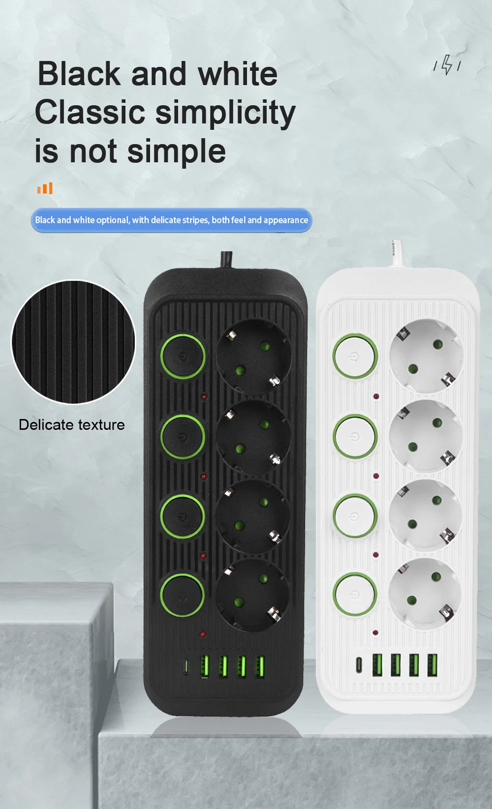 EU Plug Power Strip With USB Ports 2m Extension Cable Surge Protector
