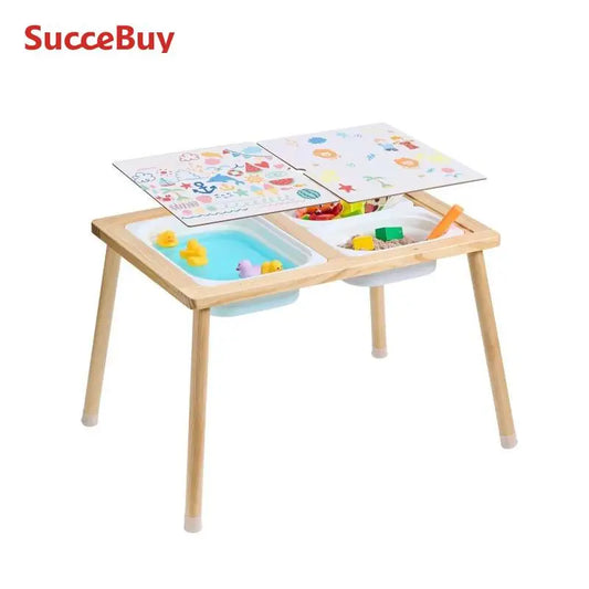 SucceBuy Wooden Sensory Table for Kids Activity with 3 Foldable Storage Bins & Double-Sided Board Indoor/Outdoor for Studying
